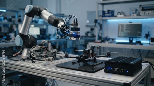 AI robotics lab with robotic arm, quadcopter drone, LiDAR sensor, and edge computing module for automation, inspection, and machine vision.