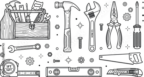 Woodworking construction equipment collection featuring outline icons of hardware tools utility knife level and repair workshop mechanics,
