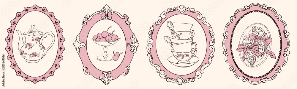 Obraz premium Hand drawn Victorian baroque tea party invitations. Elegant retro whimsical frames with teapot, cup, croissant, desserts, cherry. Vector outline rococo renaissance boarder for banner, poster, placard