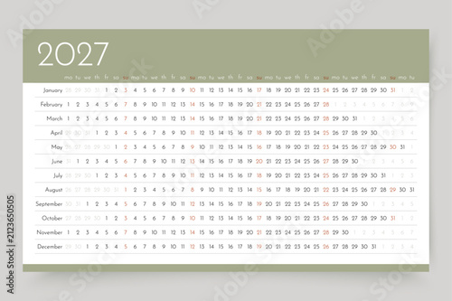 2027 calendar. Linear planner template. Horizontal yearly calender. Long annual schedule grid with 12 months. Week starts Sunday. Landscape orientation, English. Vector illustration. Simple design