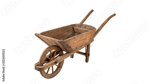 Obraz na plátně Old vintage wooden wheelbarrow garden trolley traditional farm equipment tool is
