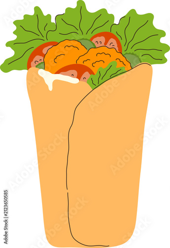 Big doner kebab hand drawn vector illustration. Trendy minimalist turks fast food print. Greek gyro with tasty sauce.