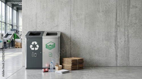 Modern recycling bin for paper and plastic next to sorted recyclable materials.