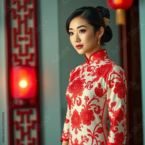 Cheongsam dress with intricate red floral patterns and high collar, High Collar, Traditional Clothing