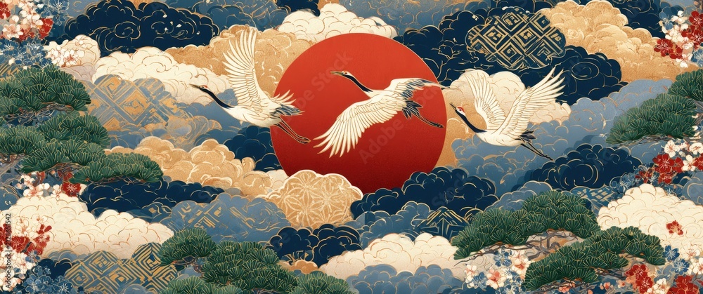 Obraz premium Japanese Cranes Flying Towards a Red Sun Amidst Clouds and Pine Trees.