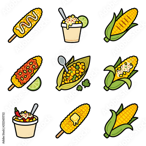 Set of pixel art elote corn icons, Mexican street food, arranged in a grid, flat design with bold outlines, digital illustration