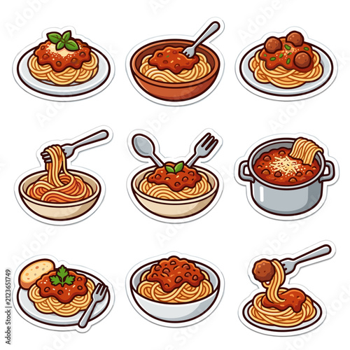 Set of nine playful spaghetti bolognese icons, 3x3 grid layout, flat vector illustration with bold outlines and solid colors, perfect for food blogs or recipe apps