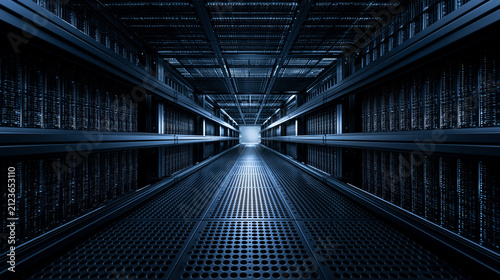 Modern Data Center Corridor with Server Racks in Blue Light