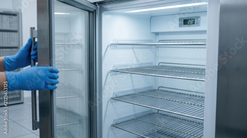Opening commercial refrigerator door showing empty clean shelves with digital display.