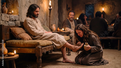 Woman anointing Jesus feet with perfume in an ancient stone room, depicting a biblical story of devotion