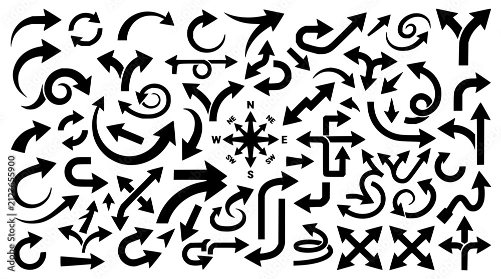 Obraz premium Arrow symbols set with black and white directional indicators featuring straight, curved, and angled arrows with minimalist design and geometric shapes