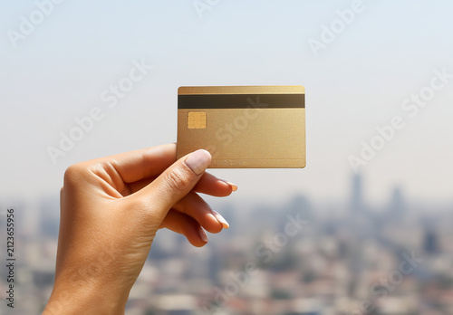 Person holds a golden credit card against a city skyline background during daylight