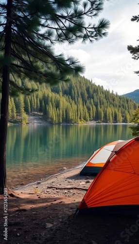Lake shore with pine forest in background, tent partially set up, peaceful, nature