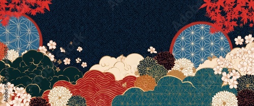 Traditional Japanese Art Style with Red Maple Leaves and Cherry Blossoms on Dark Blue Background.