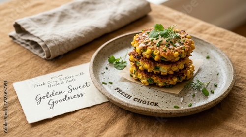 Tasty golden corn fritters stacked elegantly on a rustic ceramic plate with fresh cilantro herbs and creamy aioli sauce, perfect for a healthy vegetarian breakfast or gourmet snacks presentation now.