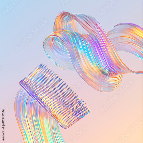 Abstract holographic ribbons and swirls with iridescent rainbow colors.