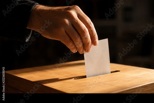 Hand Casting a Ballot into Wooden Voting Box in Democratic Election and Civic Participation Concept
