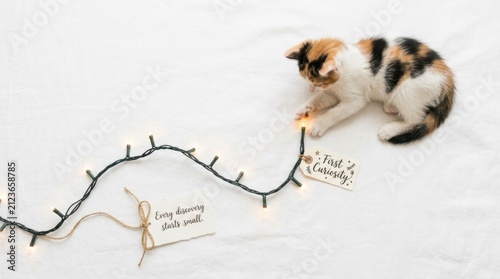 Adorable calico kitten playing with warm string lights and inspirational tags on white background representing curiosity and discovery. Ideal for animal lovers and cozy festive holiday themes. Cute