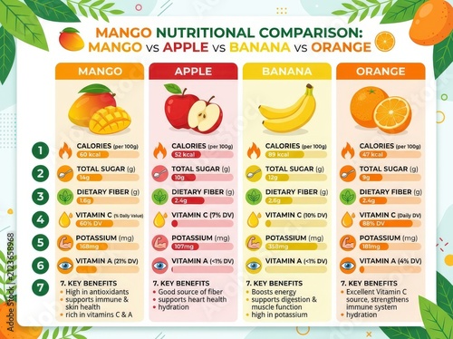 Fruit nutritional comparison chart. Healthy food infographic with mango, apple and banana.