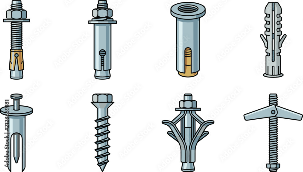 Naklejka premium Wall Anchor and Fastener Collection Vector Set with Expansion Bolts Toggle Anchors and Screws