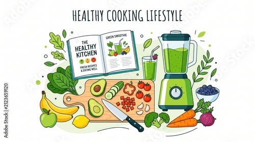 Healthy cooking lifestyle illustration. Fresh organic food preparation with kitchen blender.