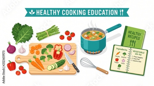 Healthy cooking education concept. Fresh vegetables and recipe book for culinary lessons.