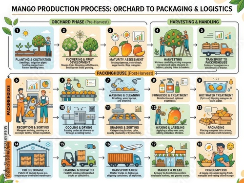 Mango production process infographic. Industrial fruit farming and supply chain flow chart.