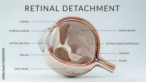 Medical illustration of retinal detachment inside the human eye structure