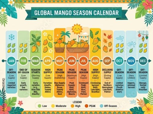Global mango season calendar infographic. Yearly fruit harvest schedule and supply chart.
