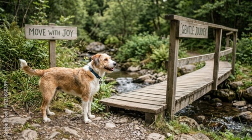 Cheerful terrier dog standing near a rustic wooden bridge in a green forest with signposts saying move with joy and gentle journey, portraying a peaceful pet adventure during a summer woodland walk