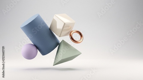 Minimalist 3D geometric shapes in pastel colors, floating abstract composition with metallic ring, modern architectural primitive objects on white background