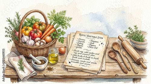 Watercolor basket of fresh vegetables. Rustic kitchen scene with recipe and cooking tools.