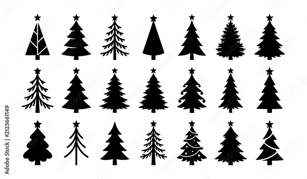 Obraz premium Set of various black silhouette christmas tree icons isolated on a white background for holiday design projects