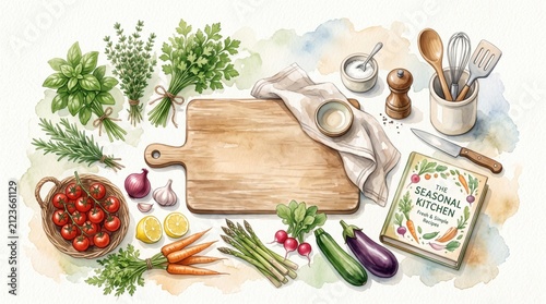 Watercolor vegetables and kitchen utensils. Fresh organic food ingredients on cutting board.