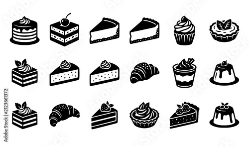 Foto Set of black and white dessert icons featuring various cakes cupcakes pastries a