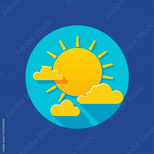 Sunny day flat design icon of sun and clouds in blue circle, high-quality illustration for commercial use, sky, bright