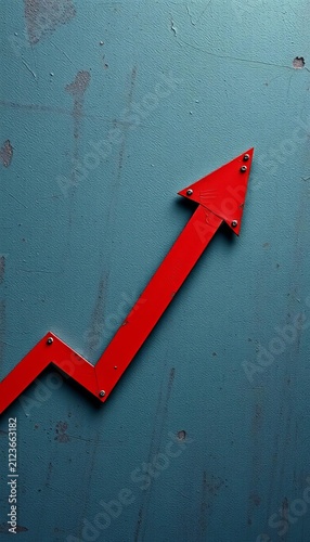Upward-pointing red arrow on a textured background, with subtle shading and imperfections, minimalistic, bold