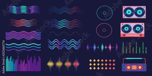 Quadro su tela Wave patterns and audio equipment vector illustration in vibrant neon colors