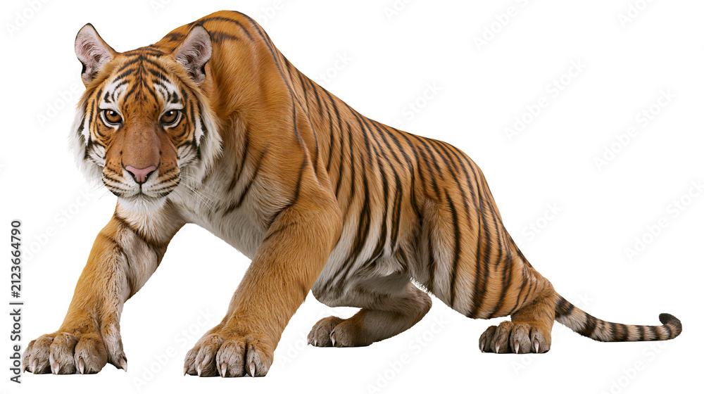 Obraz premium Orange tiger with black stripes crouching low, isolated on transparent background