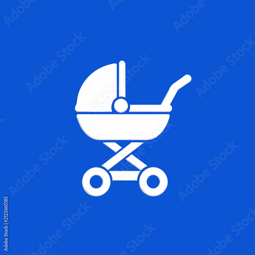 White Baby Stroller Icon on Solid Blue Background