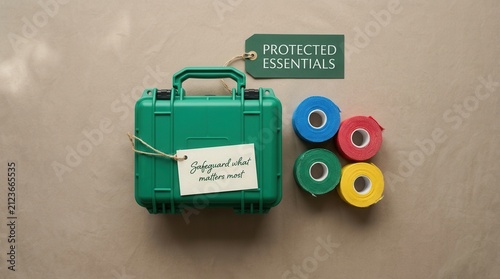 Professional green waterproof hard equipment case for medical supplies and first aid essentials sits on neutral surface with colorful athletic tape rolls and paper tags for safety and protection here.