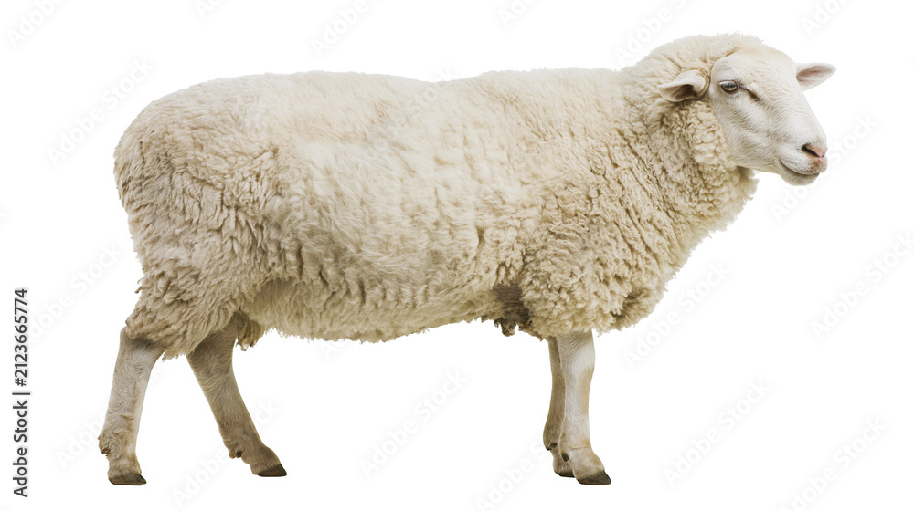 Obraz premium Fluffy white sheep with thick wool coat, isolated on transparent background