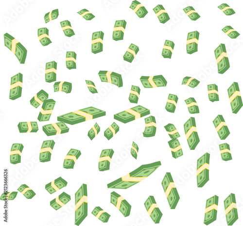 Falling stacks of money cash bills on white background financial rain concept