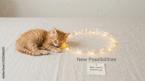 Small ginger kitten sleeping peacefully beside warm fairy lights on a soft linen cloth with a note reading new possibilities and open hearts welcome joy for an inspirational and cozy