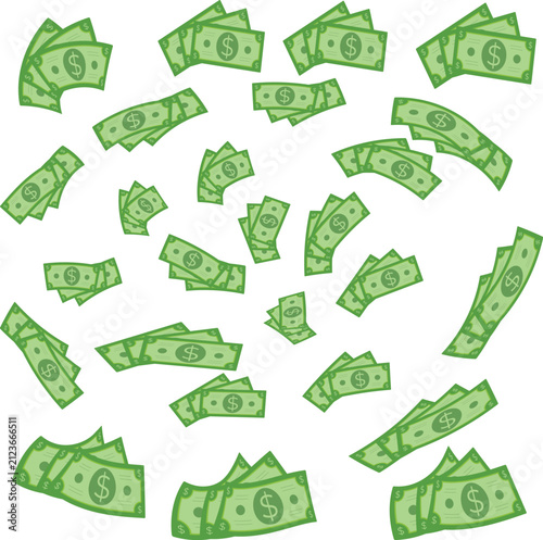 Flying bunches of paper money bills floating isolated on white background