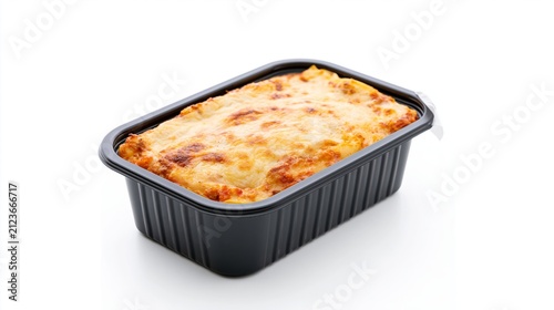 Ready meal lasagna in a plastic container with a partially open film, offering convenience for a quick, delicious dinner