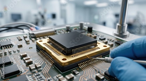 Precision assembly of computer chip on electronic board using specialized tool.