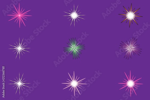 Bright abstract starburst shapes on purple background isolated on white background