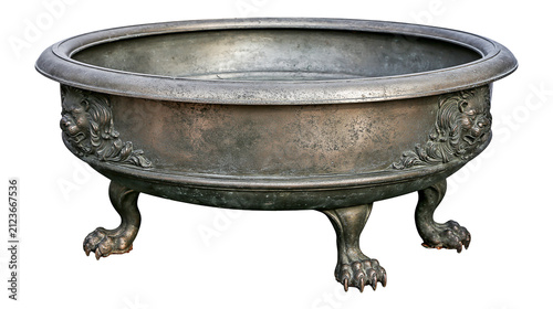 Canvas Print Antique pewter basin with lion head decorations and claw feet, isolated on trans