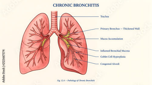 Anatomical illustration showing the pathology of chronic bronchitis in human lungs